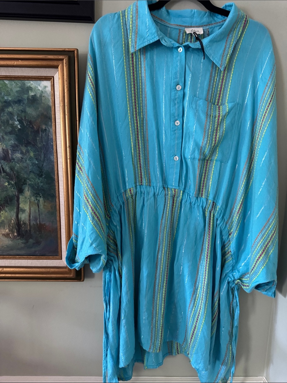 NEW Elan Cover Up Swim Turquoise Striped Button-Front Tunic Dress Size L Large